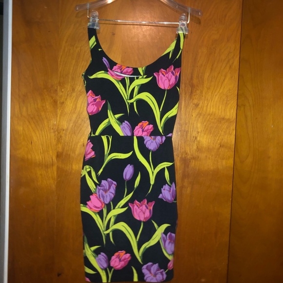Vintage 1980 Betsey Johnson Punk Head Label Black Floral Bodycon stretch Dress S - Picture 4 of 4